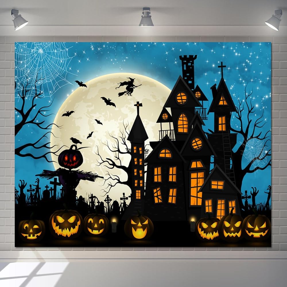 10x8ft Halloween Backdrop Haunted House Graveyard Pumpkin Background Photo