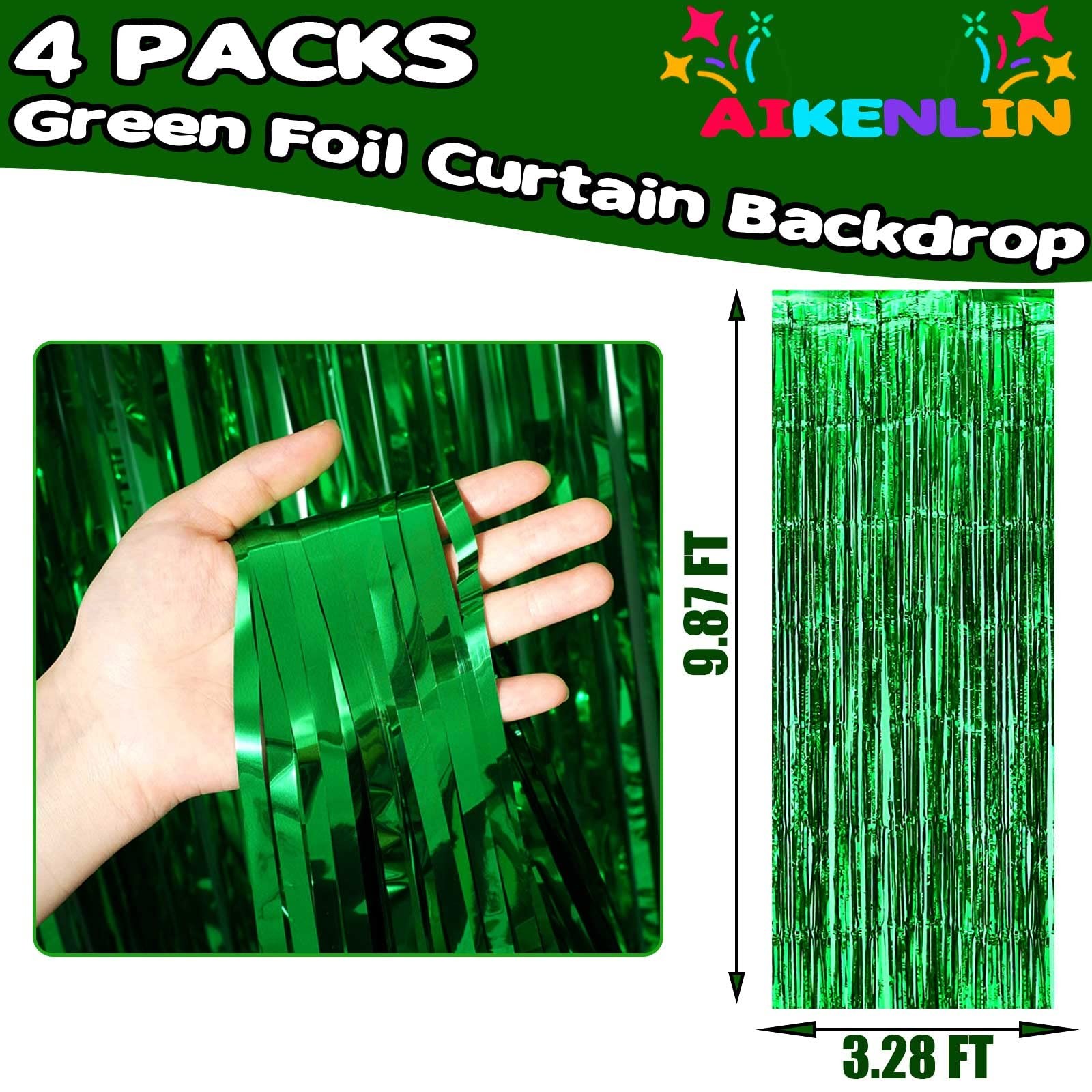 4 PCS 3.2×9.8 FT Green Foil Fringe Curtain Backdrop Metallic Tinsel Streamers