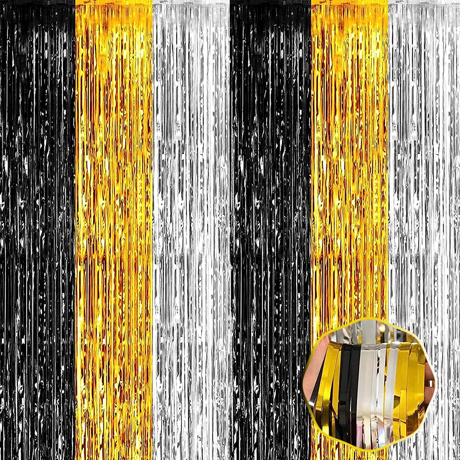 6 Pack Black Gold Silver Foil Fringe Curtains 3.28×6.6Ft Wedding Party Decor