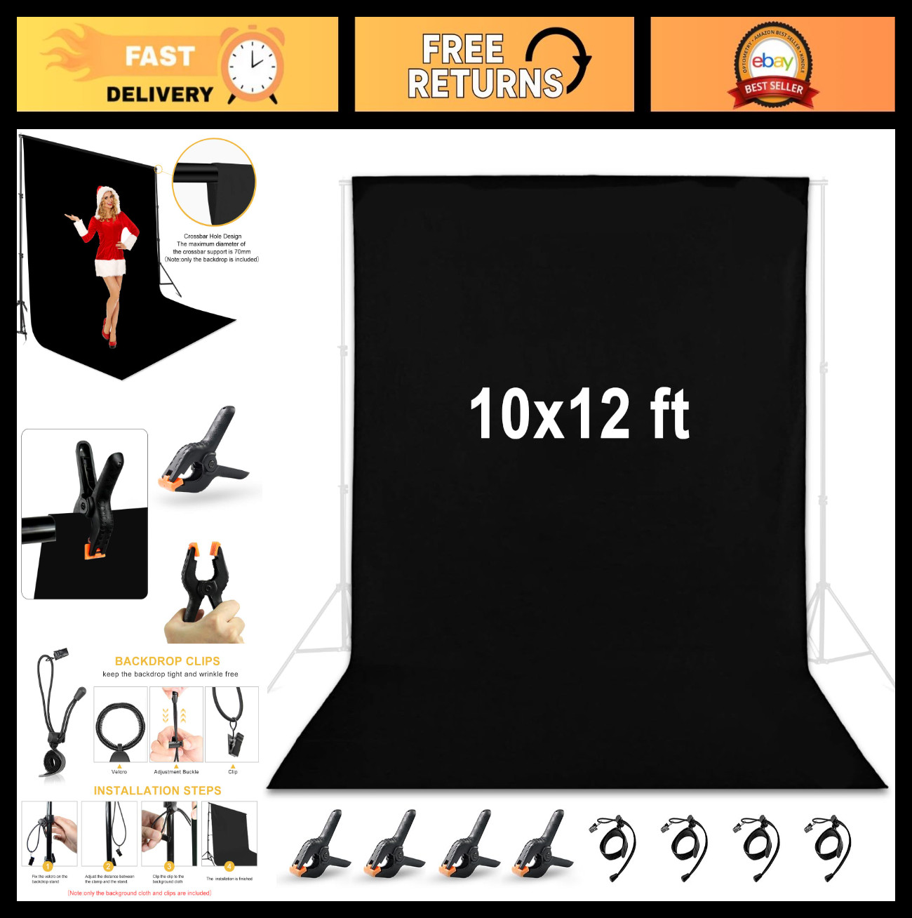 10×12 ft Black Polyester Backdrop for Photography & Video, Includes Clips & Clam