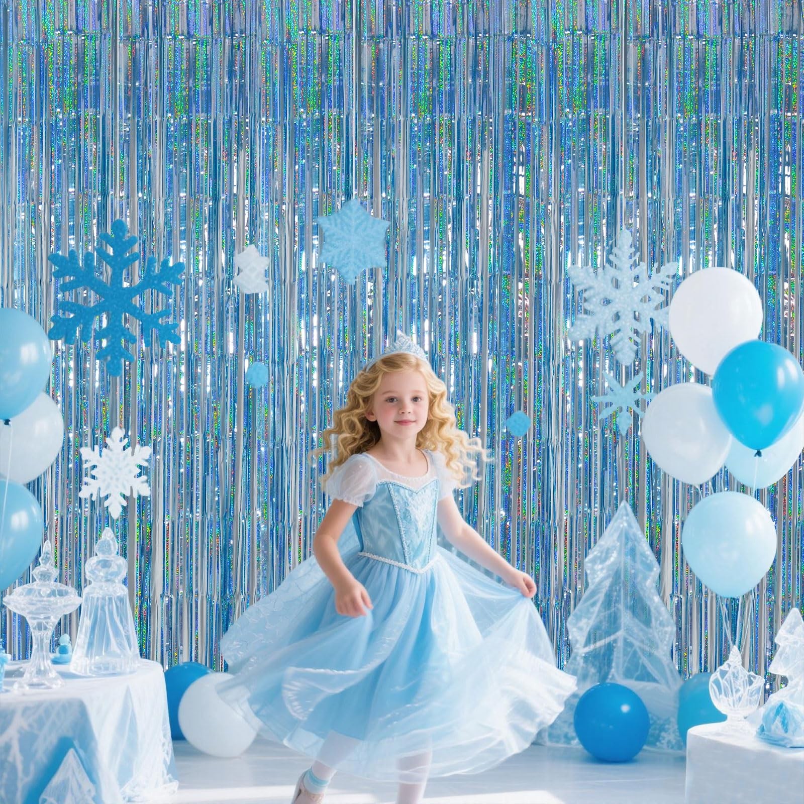 Light Blue Metallic Streamer Backdrop with Glitter Tinsel,3.28 x 6.56ft Foil …
