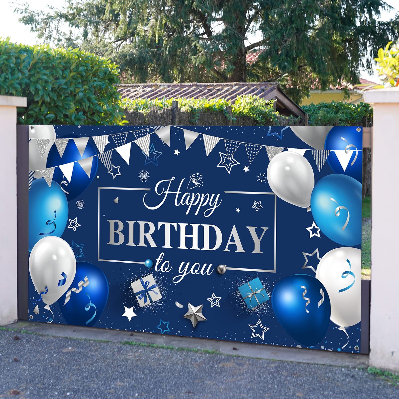 Sumind Happy Birthday Backdrop Banner for Men, Blue 7′ x 4′, Blue,Silver
