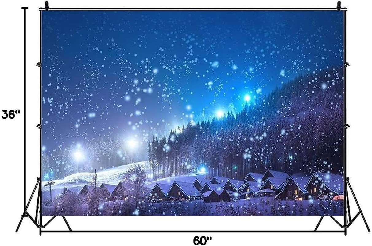 Christmas Backdrop Rustic Village Night View Forest Trees Snowing 5X3Ft