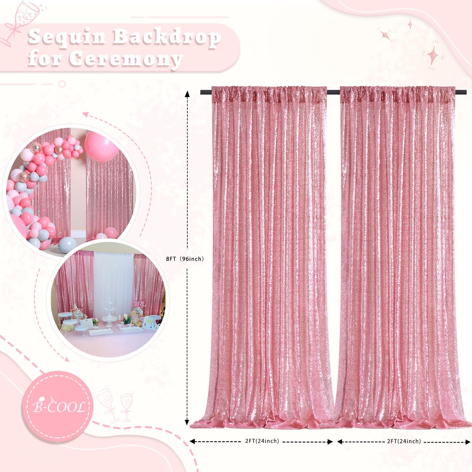 Pink Sequin Backdrop Curtains Fuchsia Glitter 2 Panels Photo Backdrop 2x8ft