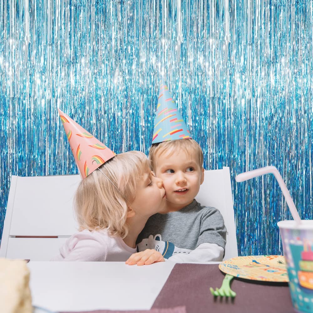 1 Pack Light Blue Tinsel Foil Fringe Curtain, 3.2×9.8 ft, Photo Backdrop
