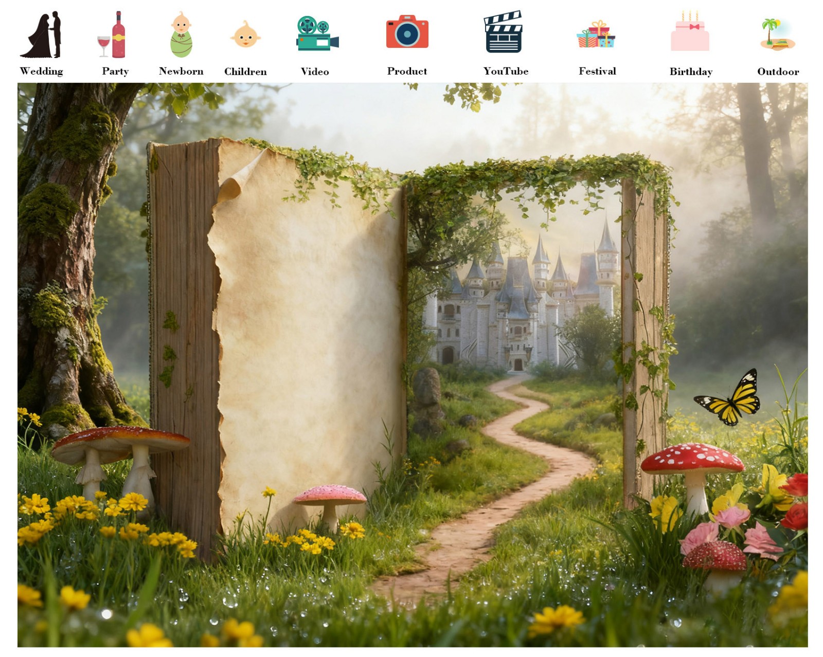 10x8ft Fairy Tale Books Mushroom Forest Castle Vinyl Backdrop Photo Background