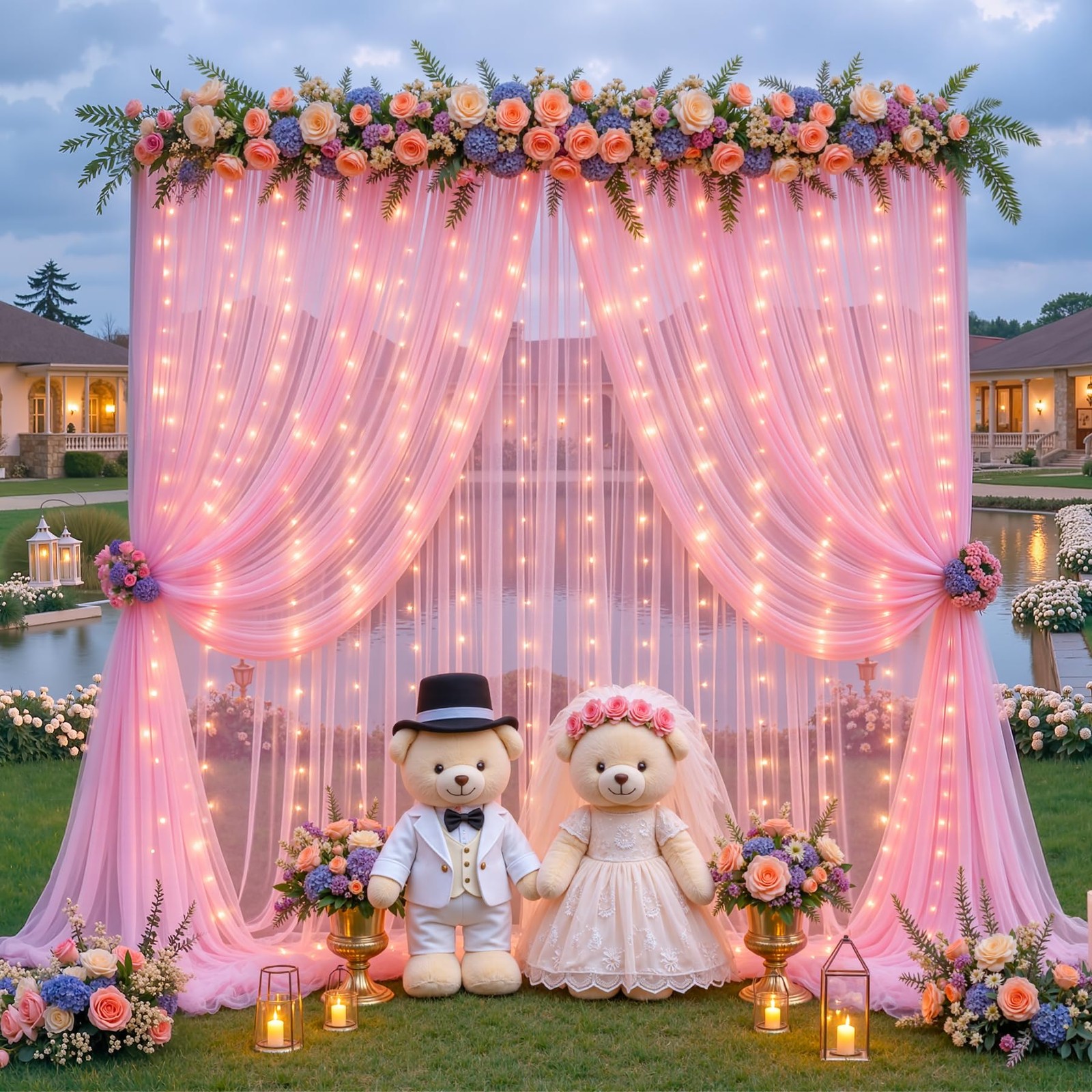 10×10 FT Baby Pink Tulle Photo Backdrop Curtain String Lights Wedding Party