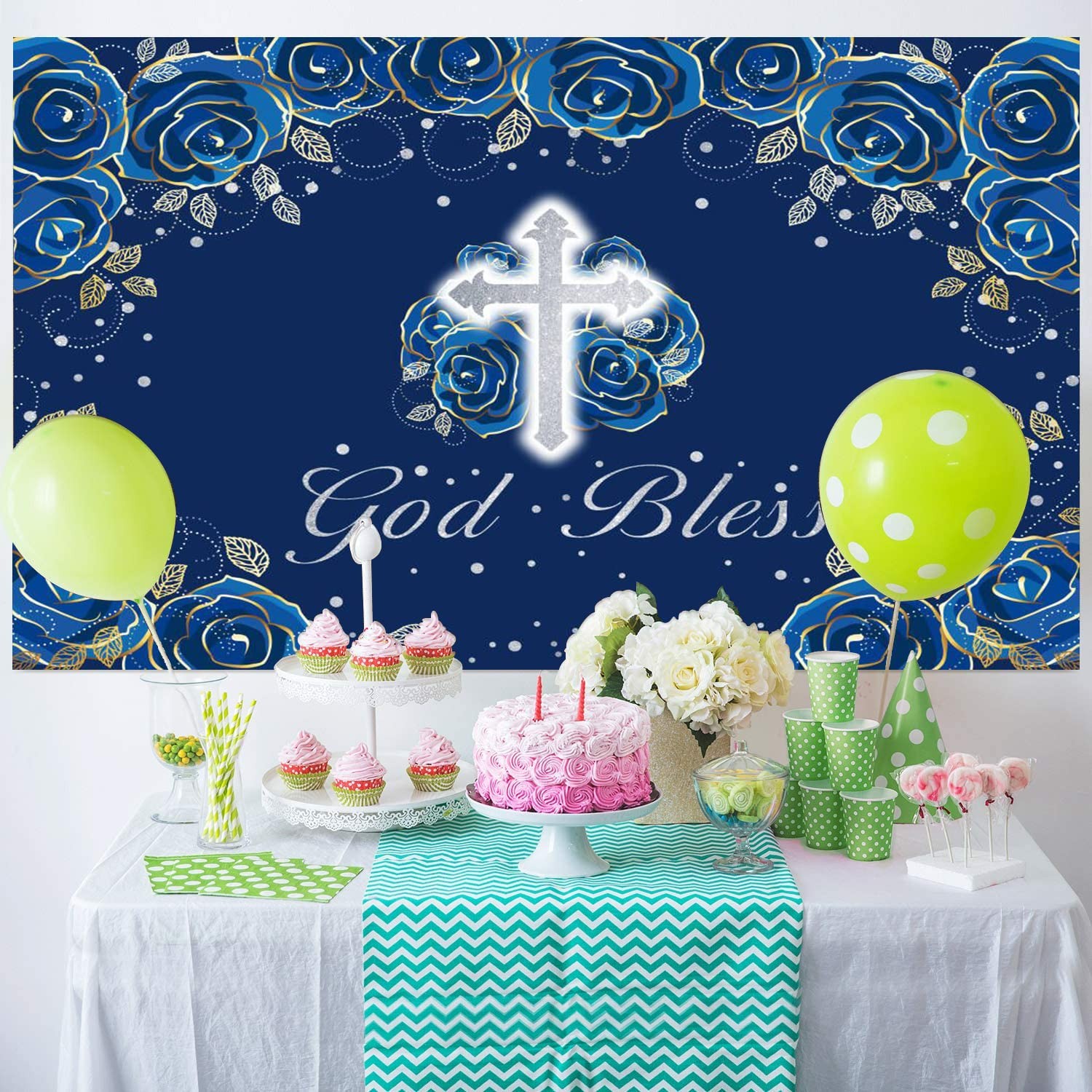 7x5ft God Bless Mi Bautizo Backdrop Baptism Christening Boy Blue Photo Prop