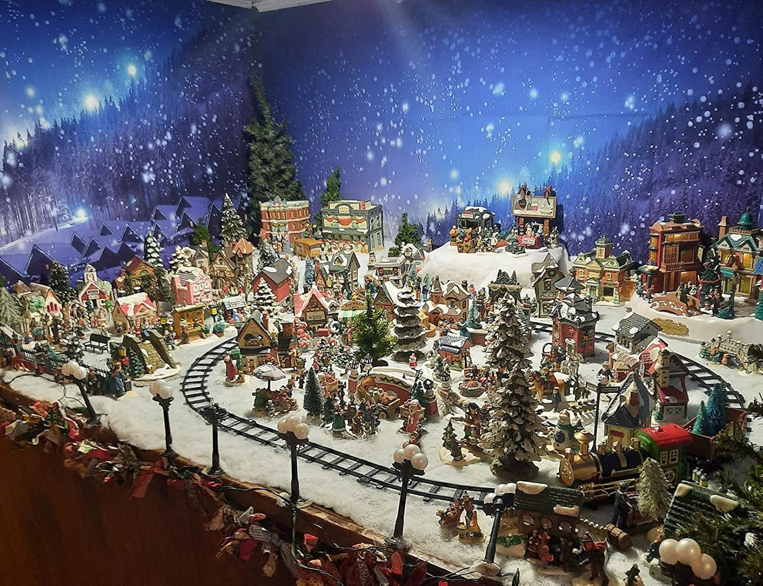 Christmas Backdrop Rustic Village Night View Forest Trees Snowing 5X3Ft