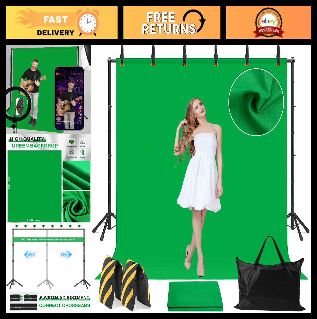 Adjustable 10×8.5 Backdrop Stand & Green Screen Kit for Photography & Video Stre
