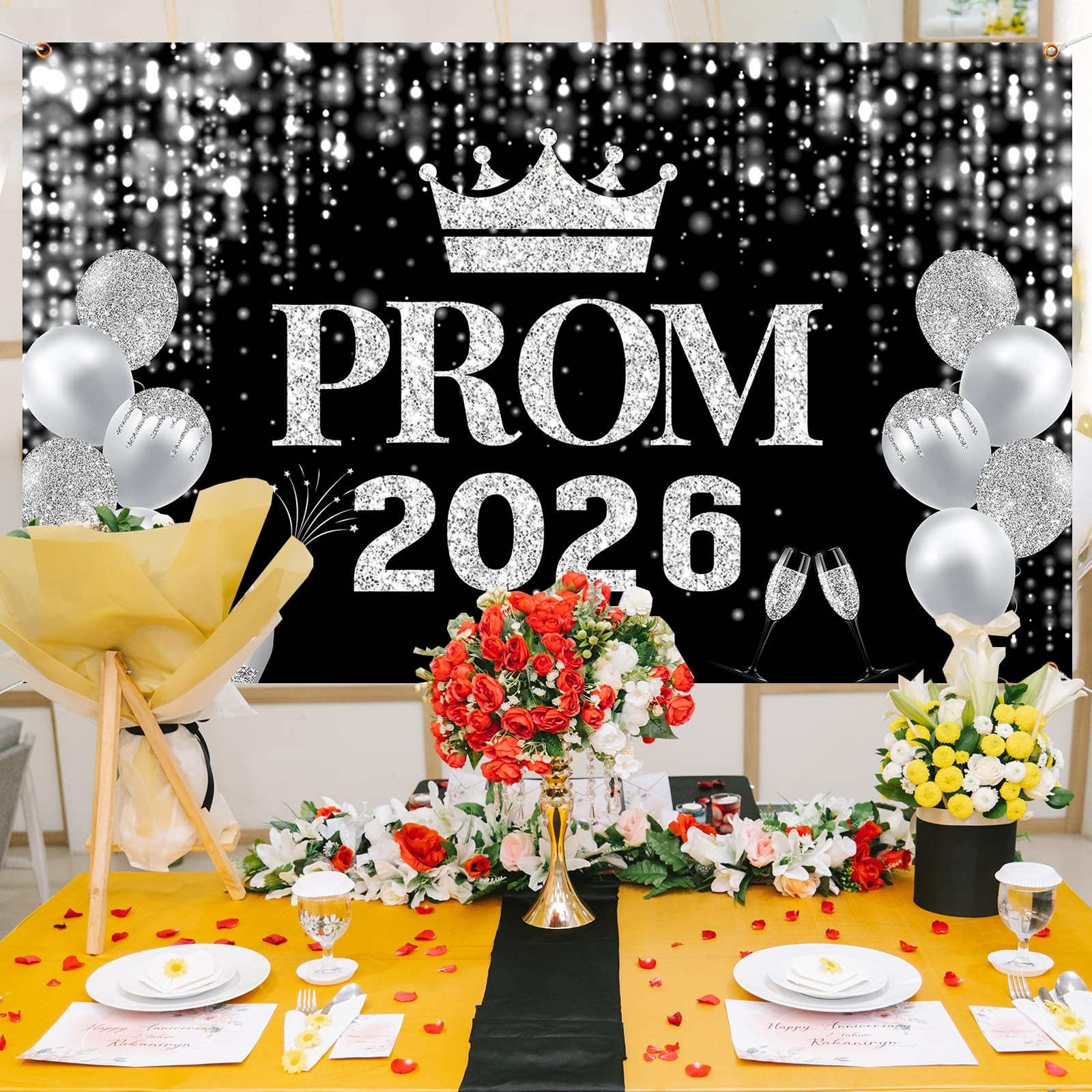 Prom Decorations 2026 Banner, Black and Silver Prom Decorations