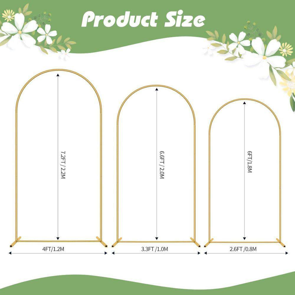 Set of 3 Gold Metal Wedding Arch Backdrop Stand 7.2 Ft. 6.6 Ft. 6 Ft. for Ceremo