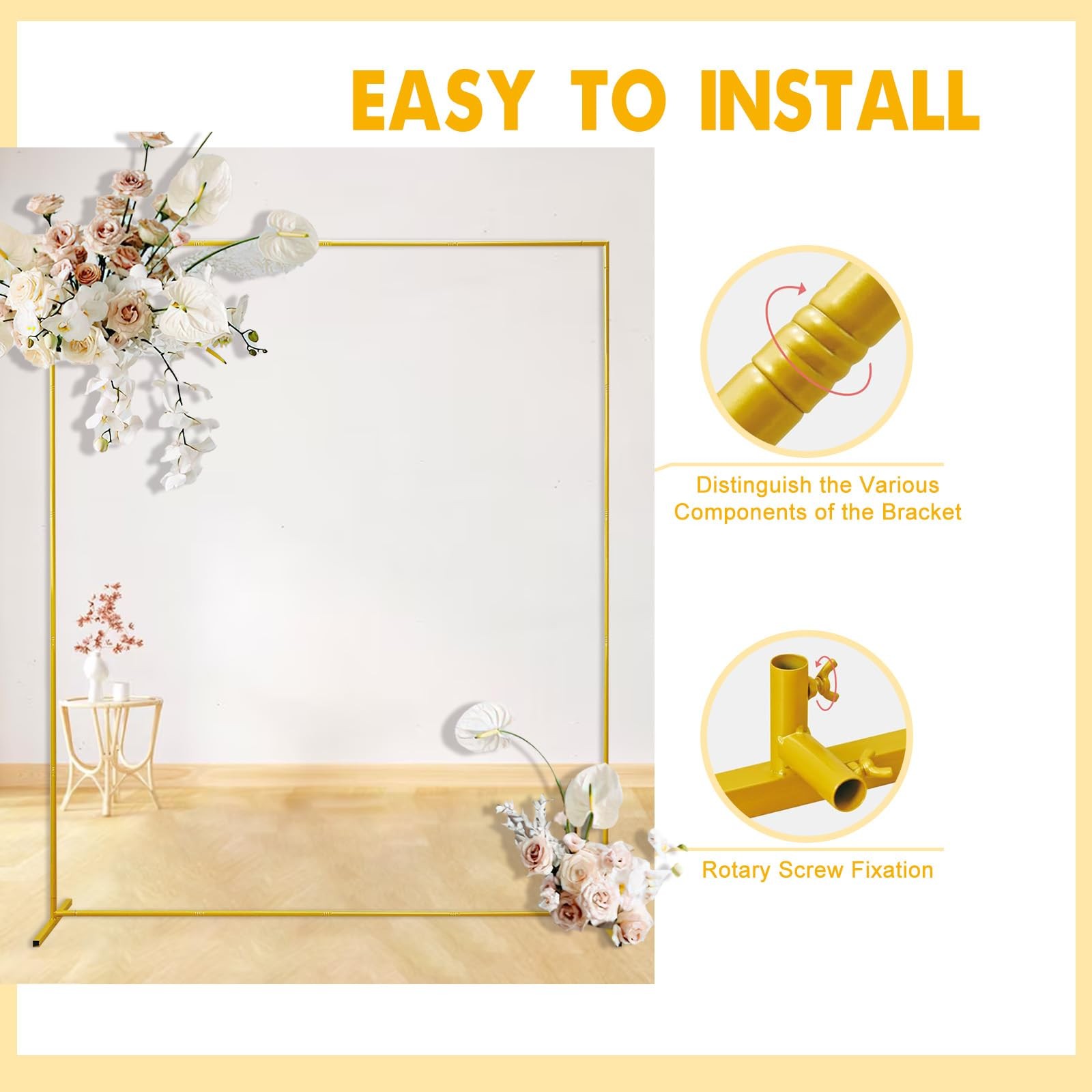 Gold Wedding Arch Backdrop Stand, 6.6FT*5FT Square Balloon and Flower Metal A…