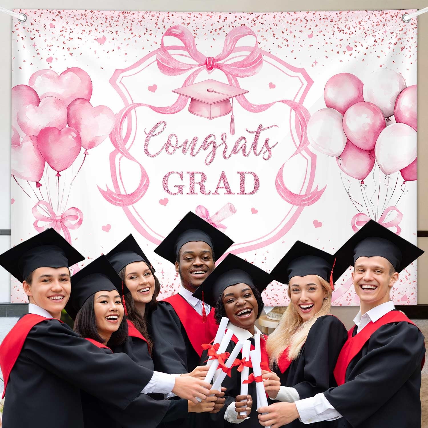 Coquette Congrats Grad Backdrop Pink Bow 2026 Graduation Photography Background