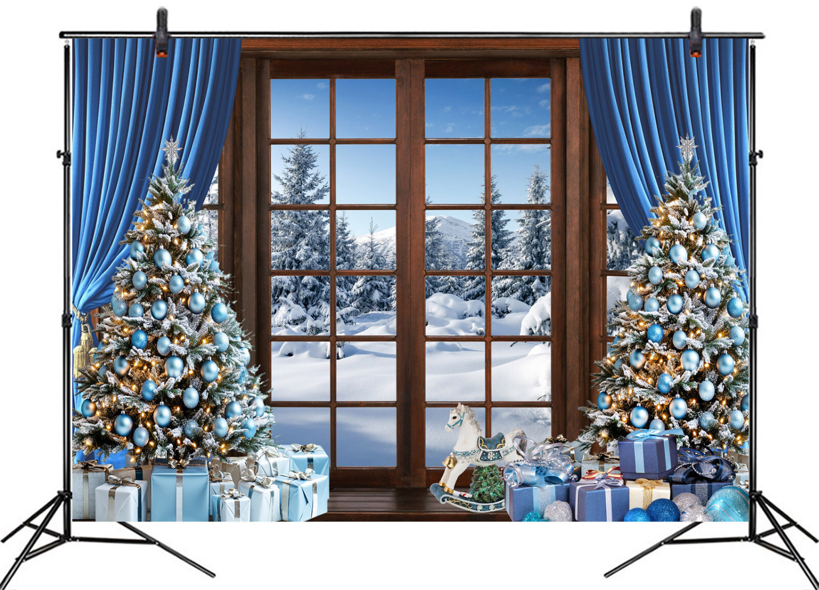 10x8ft Winter Forest Scene Blue Christmas Tree Vinyl Backdrop Photo Background