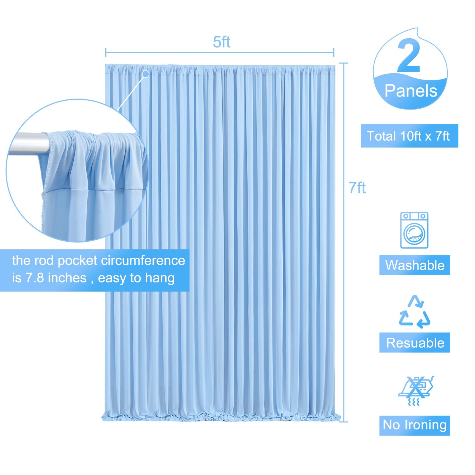 2 PCS Baby Light Blue Backdrop Curtain Drapes Fabric Photography 5×7 FT