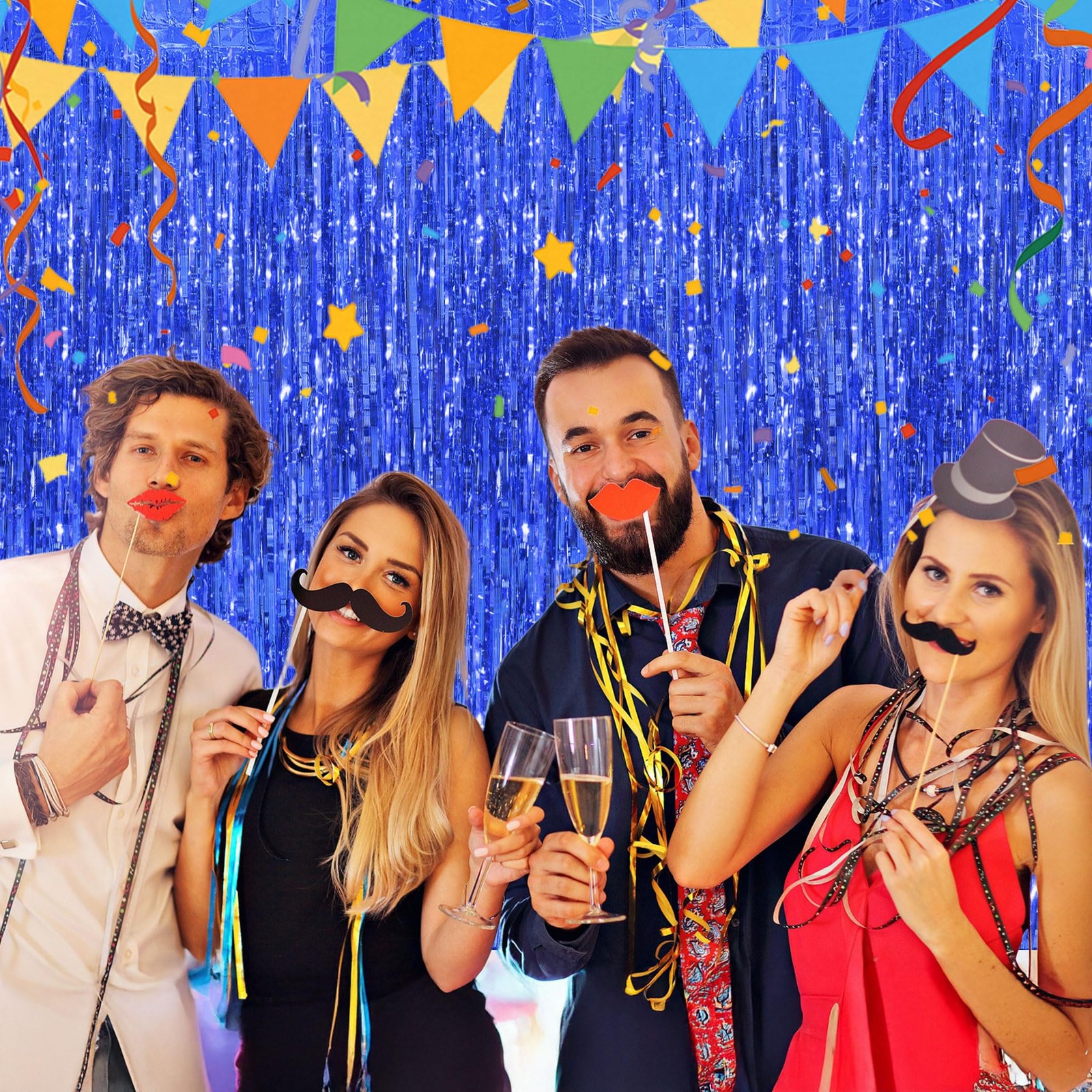 Blue Tinsel Foil Fringe Backdrop Curtains Party Decor 3.28×6.56 Ft 2 PCS