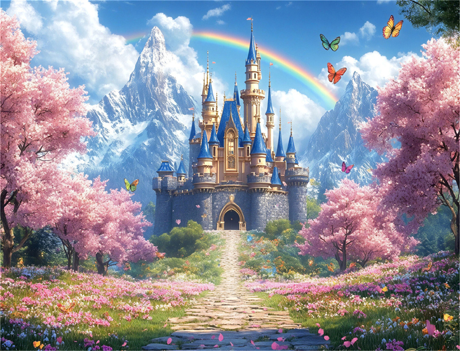 10x8ft Spring Pink Cherry Floral Blue Magic Castle Photo Background Studio Props