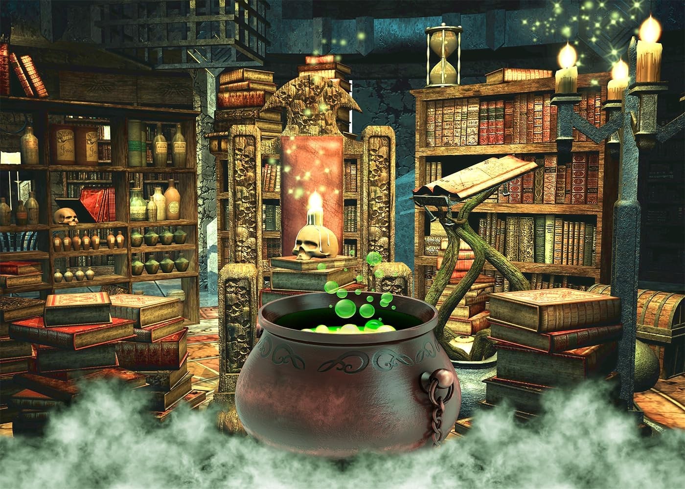 Halloween Photography Backdrop Witch Magic Cauldron Bookshelf in Spooky Room …