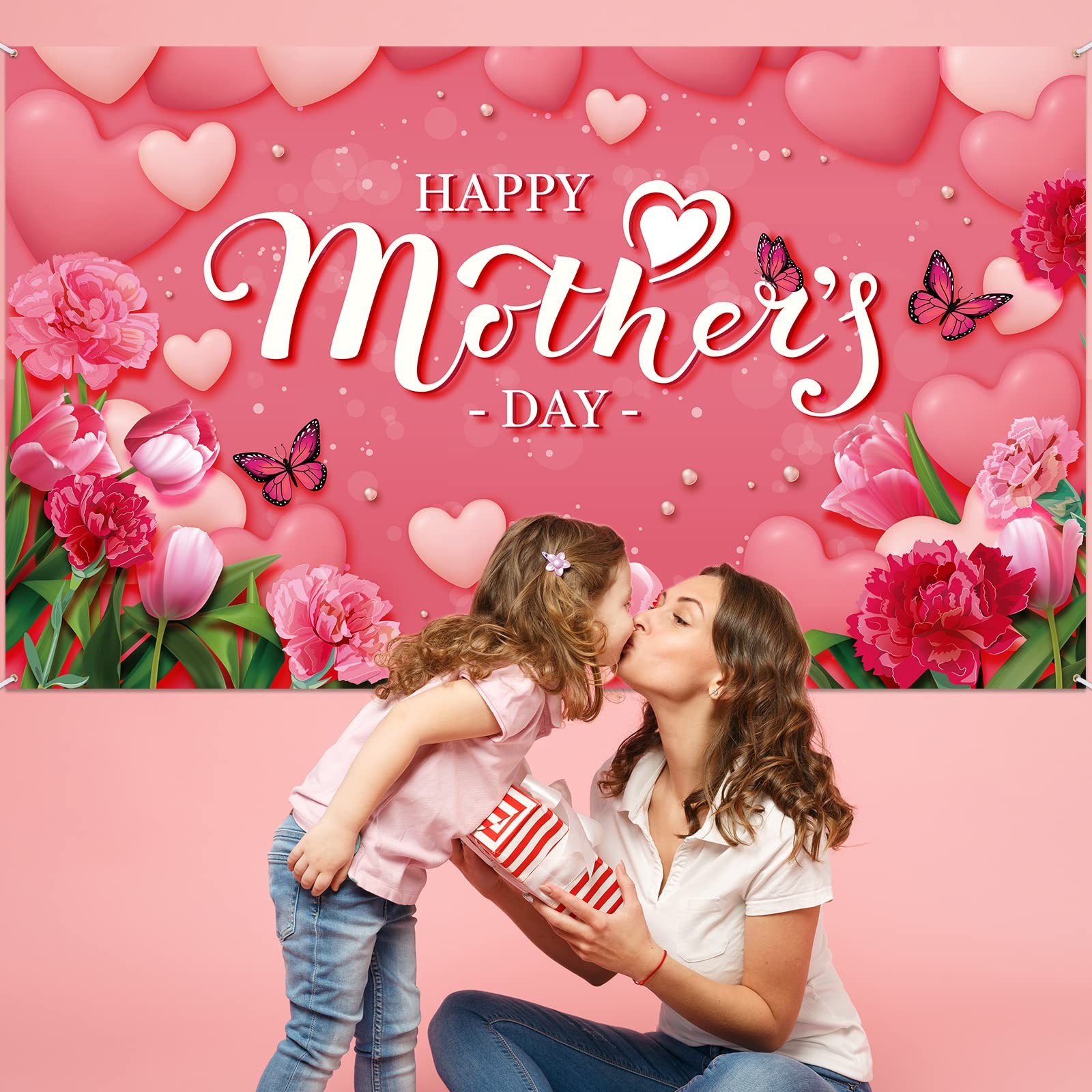 Happy Mother’s Day Banner 72.8 x 43.3 Inch Red Flowers Mothers Day Backdrop Larg