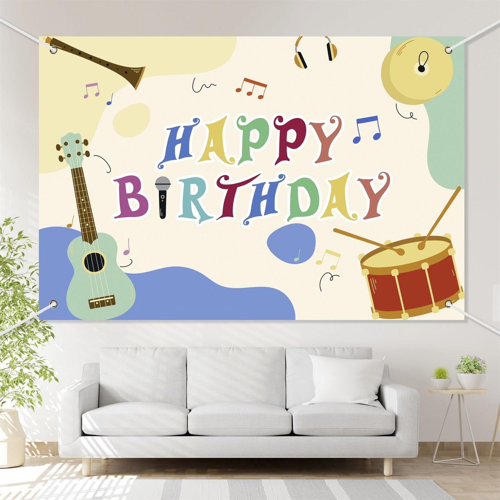 Music Note Happy Birthday Banner Backdrop Various Cartoon Musical Instruments…