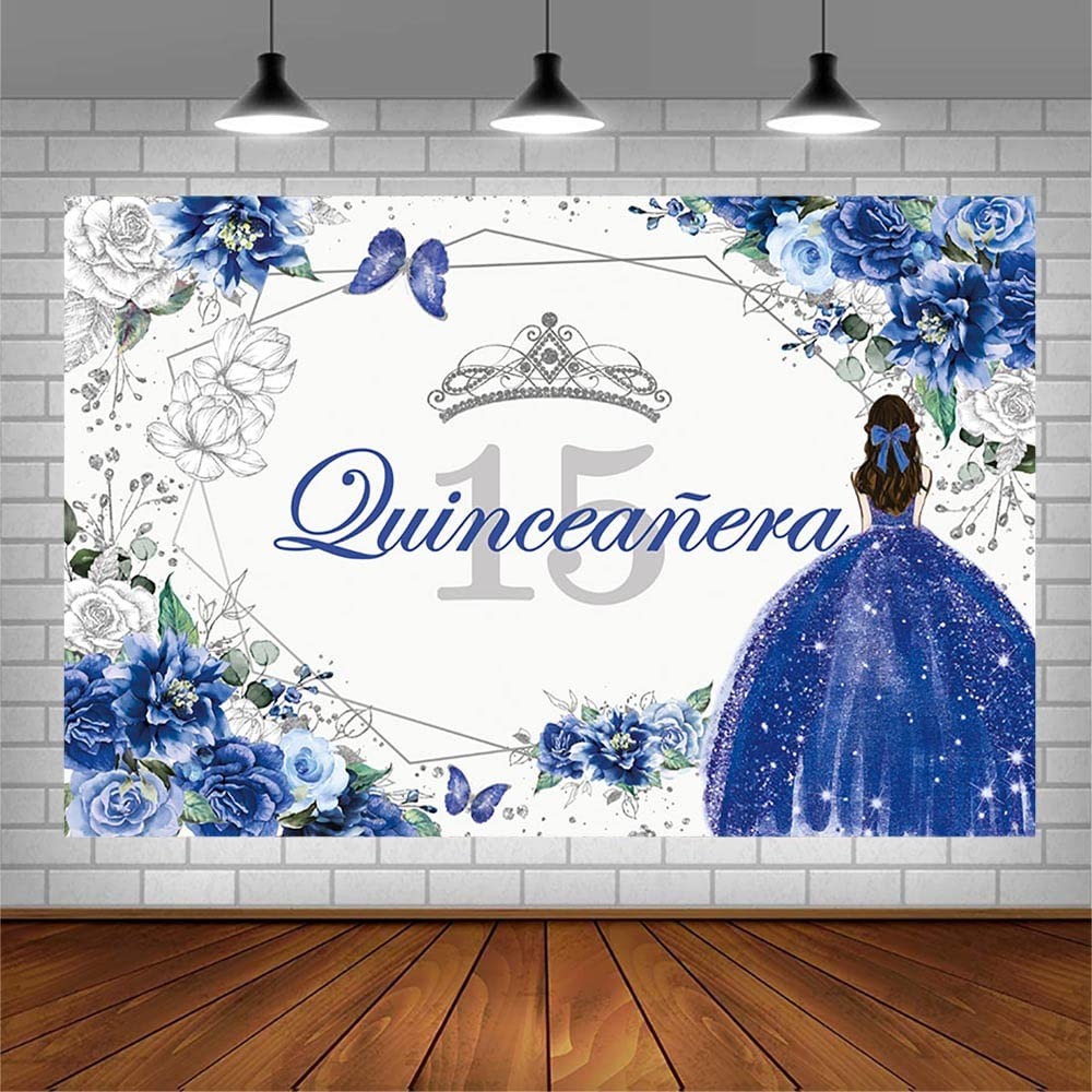 Sendy 7x5ft Quinceanera 15th Birthday Backdrop for Sweet 7x5ft, Blue,Silver