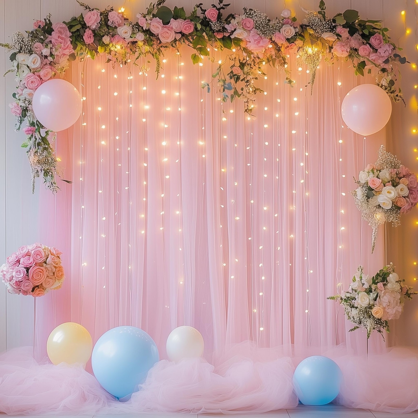 Tulle Backdrop Curtain With Lights 10x8ft Pink Sheer Wedding Party Decor
