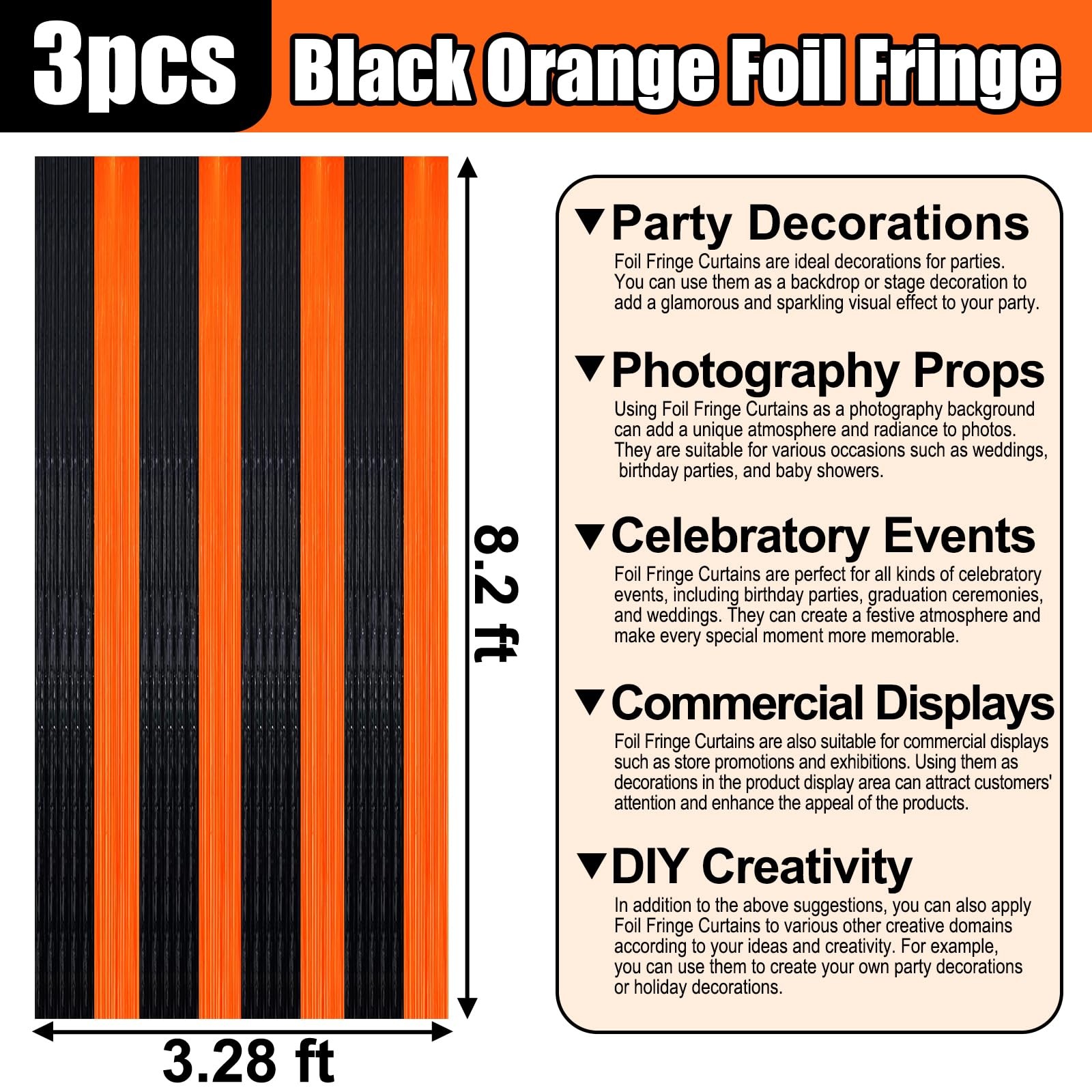 3 Pack Black Orange Foil Fringe Curtain Backdrop 3.28Ftx8.2Ft Metallic