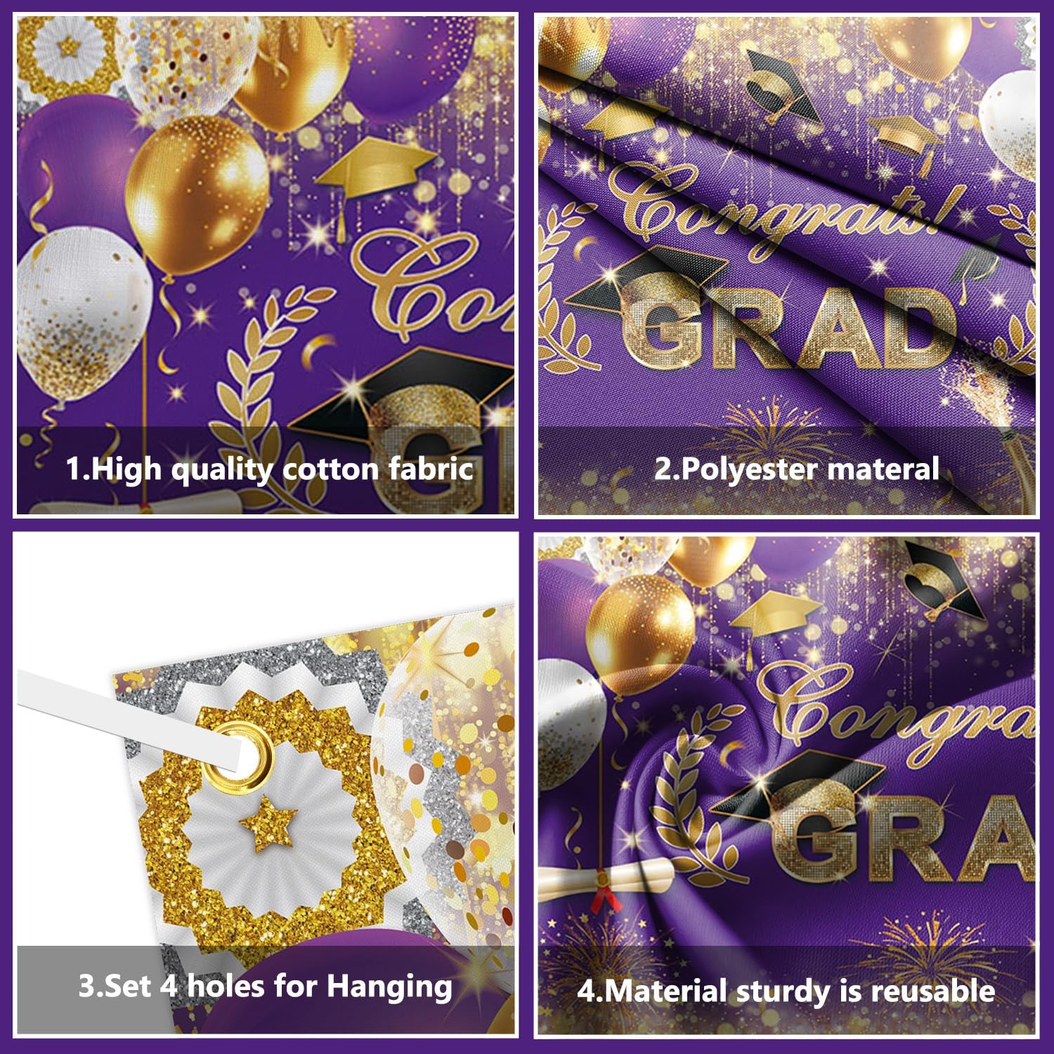 7x5ft Congrats Grad Backdrop Purple Gold Glitter Graduation Photography Backgrou