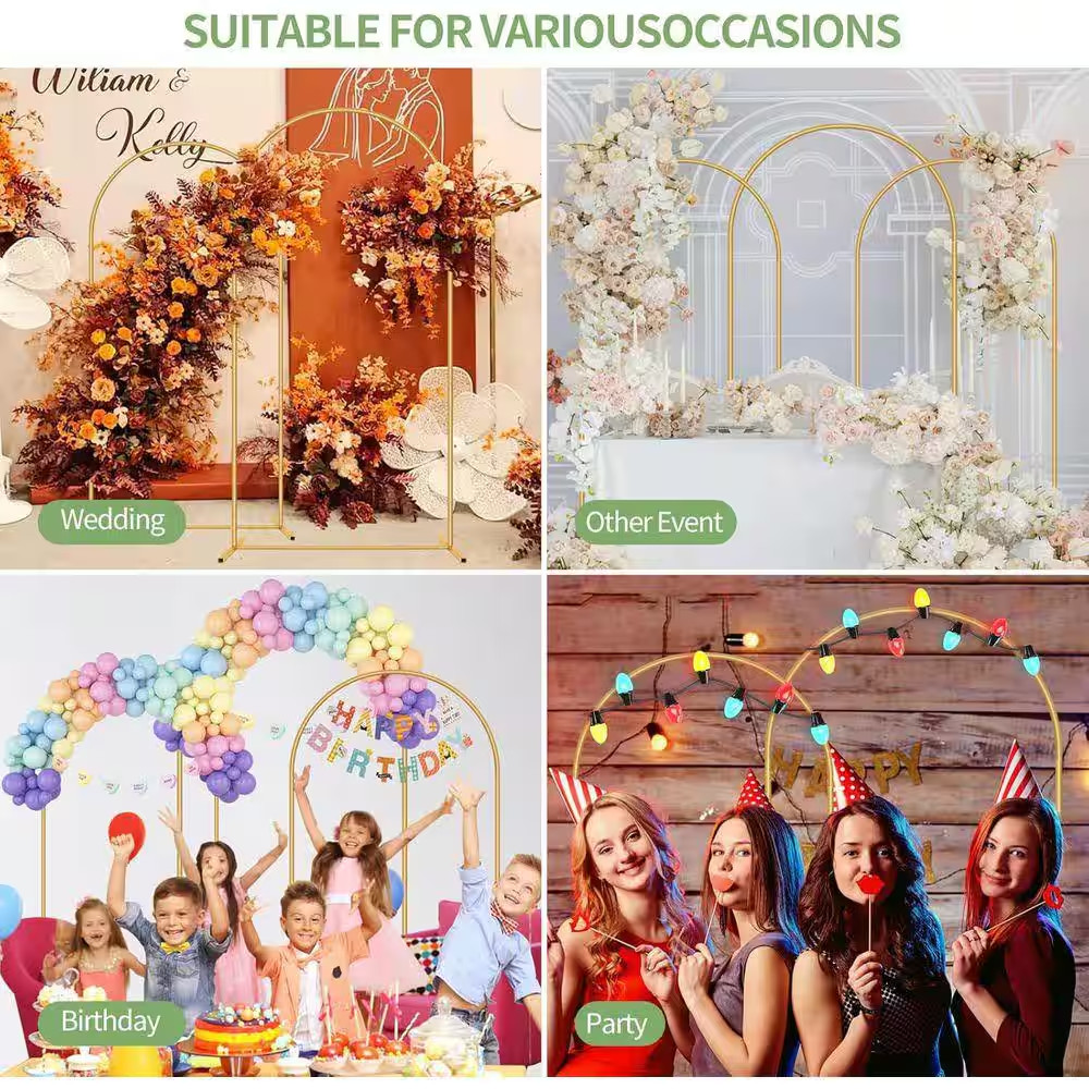 Set of 3 Gold Metal Wedding Arch Backdrop Stand 7.2 Ft. 6.6 Ft. 6 Ft. for Ceremo
