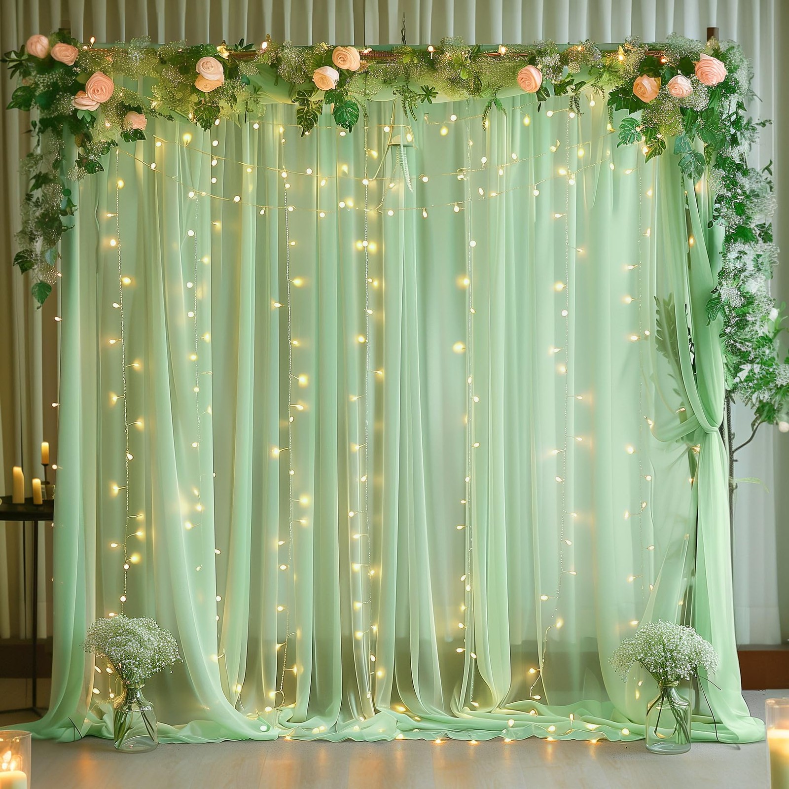 108FT Green Tulle Curtain Backdrop With Lights String Sheer Party Drape Photo