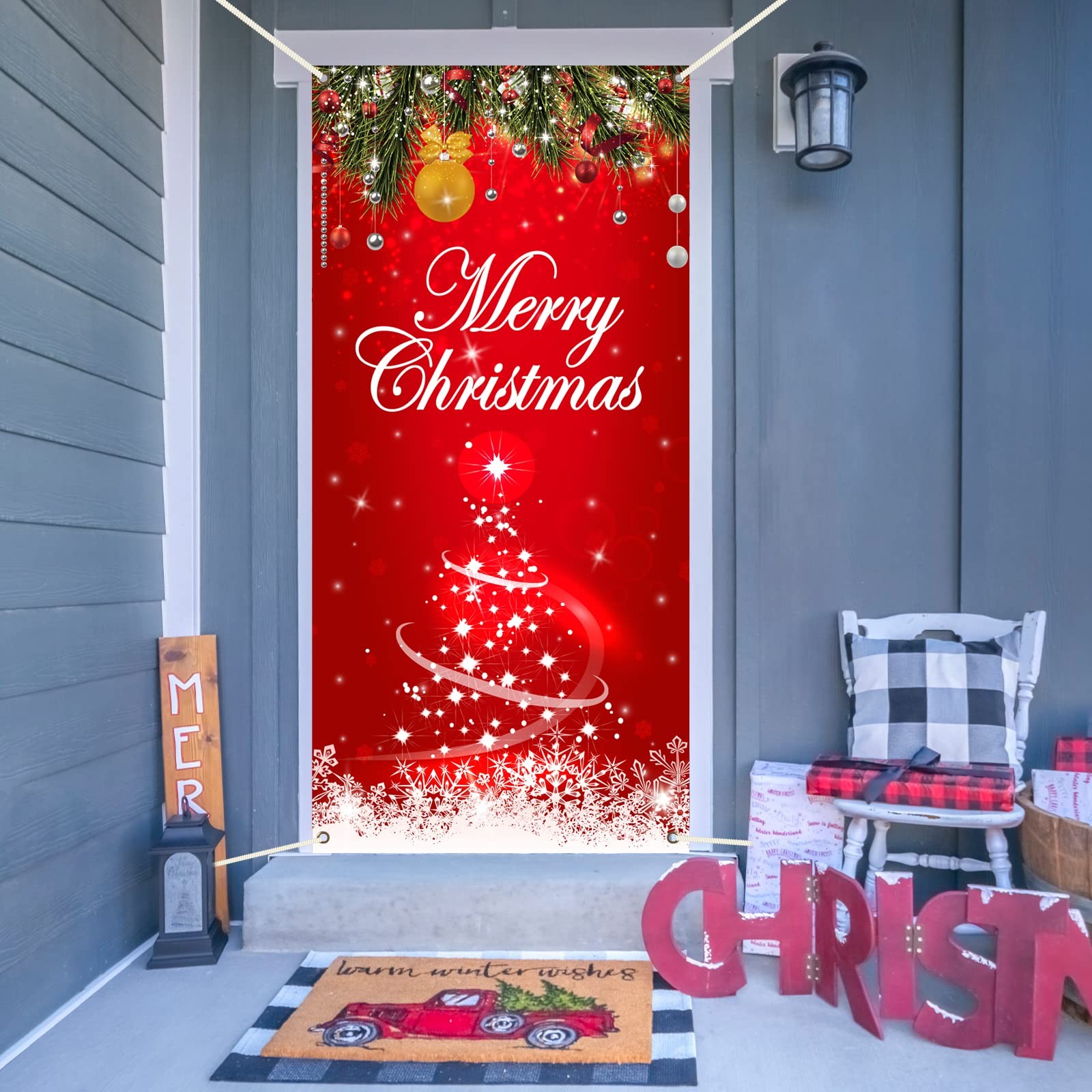 Merry Christmas Door Cover Red Xmas Backdrop Door Banner Santa Claus Merry Ch…