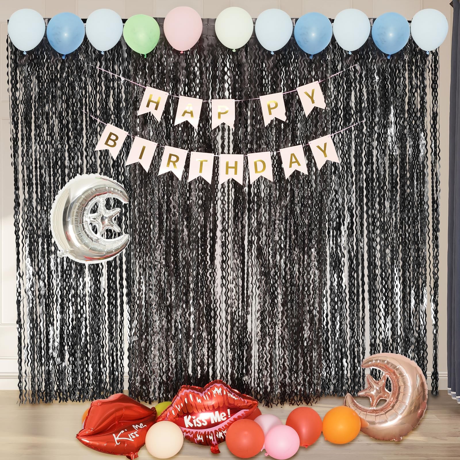 4 Pack 3.3×6.6 Ft Black Foil Fringe Curtains Party Decor Streamer Backdrop