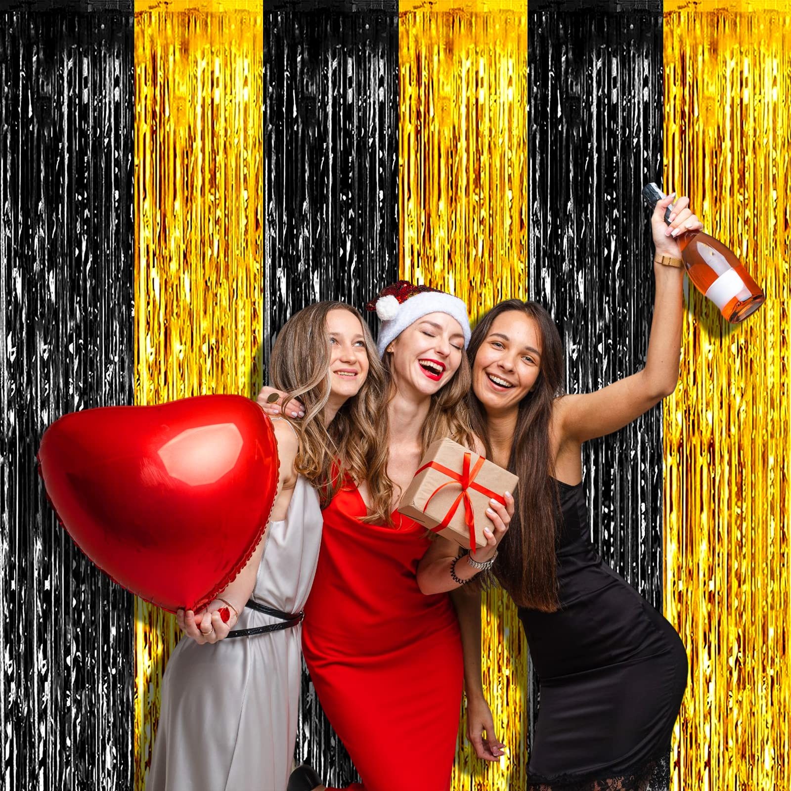 4 PCS 3.2×9.8Ft Black Gold Foil Fringe Curtain Backdrop Metallic Tinsel