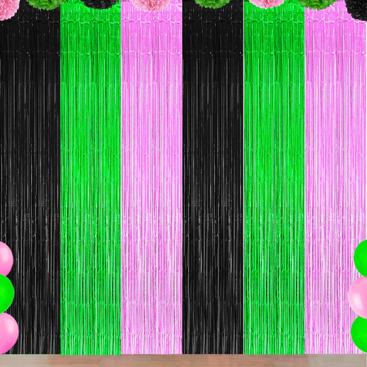 3 Pack Foil Fringe Curtain, Black, Pink, Green, Streamers, Halloween, Birthday