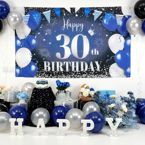 Happy 30th Birthday Banner for Him, Navy Blue Black Silver Blue Black 30th