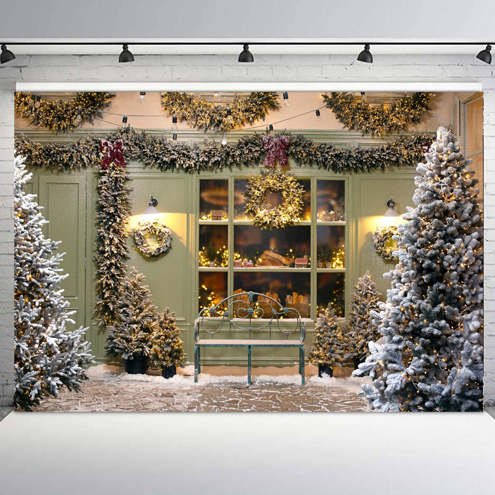 Winter Snowflakes Fireplace Green Christmas Tree Vinyl Backdrop Photo Background