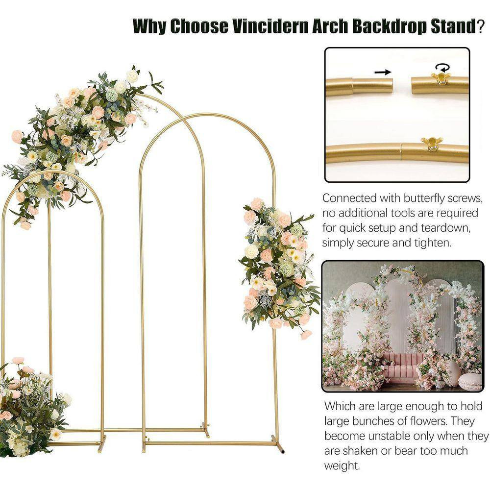 Metal Arch Backdrop Stand Set of 3 Light Gold 6.6 Ft. 5.9 Ft. 4.9 Ft. for Weddin