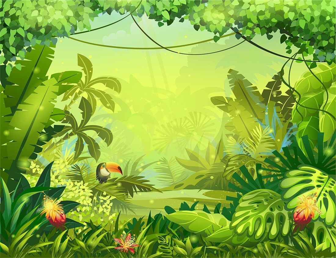 Cartoon Tropical Jungle Green Plant Leaves 7x5ft Vinyl Backdrop Photo Background