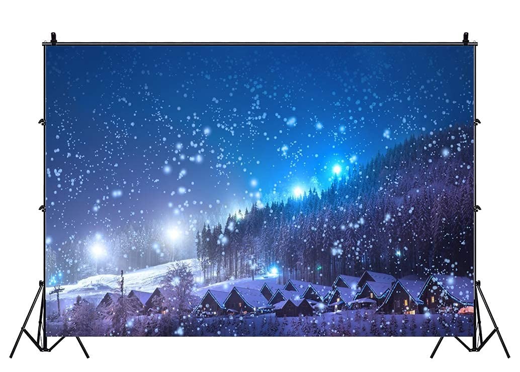 7x5ft Christmas Backdrop Rustic Village Night View Forest Trees Snowing Shini…