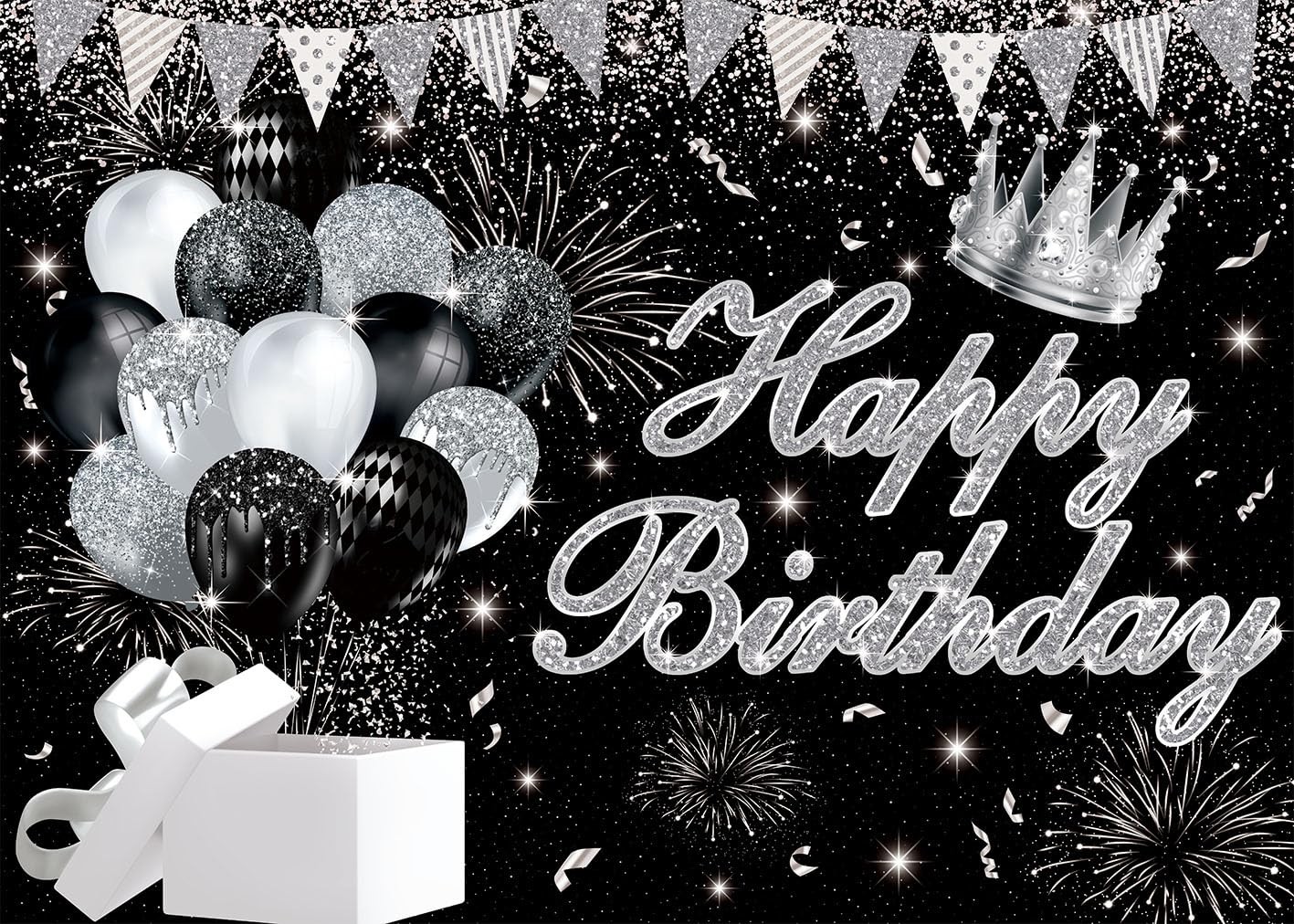 Silver Black Happy Birthday Backdrop 7x5ft Silver
