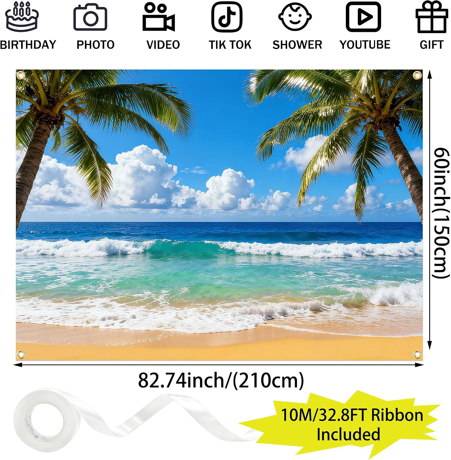 Summer Beach Backdrop Tropical Hawaiian Ocean Background 7X5Ft with Ribbon, Palm