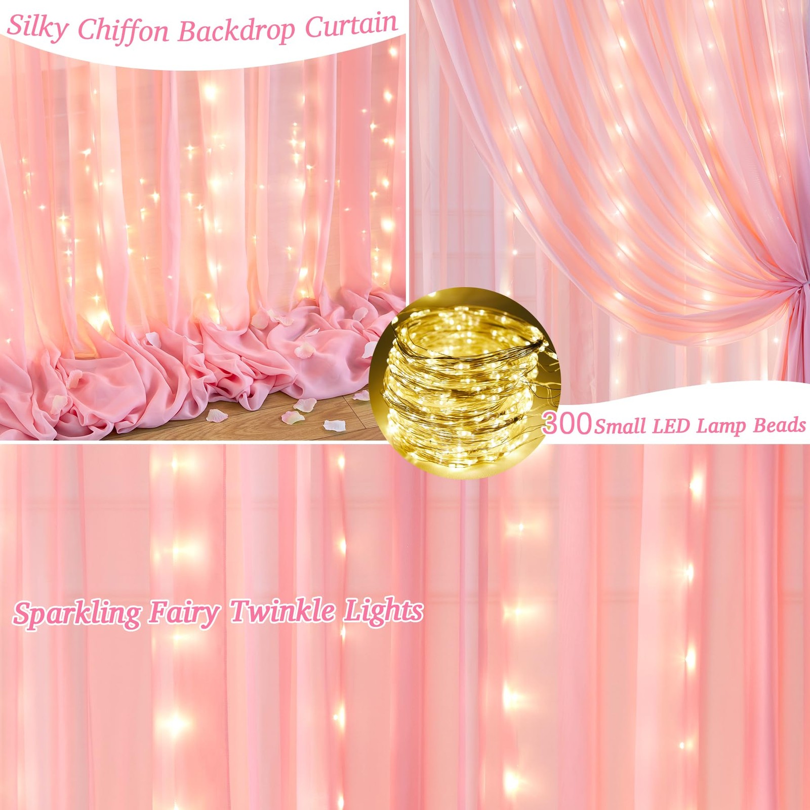 2 Panels 10×10 Ft Baby Pink Backdrop Curtain Lights String Wedding Photo