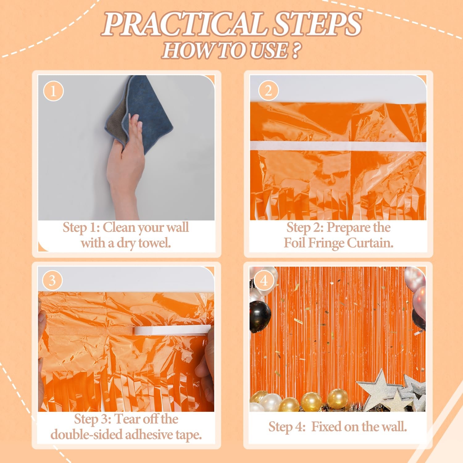 Orange Foil Fringe Backdrop 3 Pack 3.3×8.2 Ft Metallic Tinsel Curtain Party
