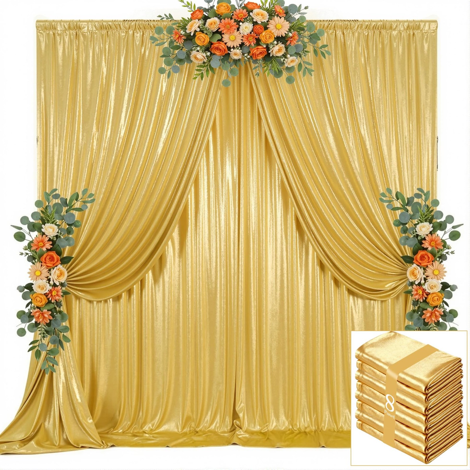 Gold Sequin Backdrop Curtain 40x10ft 5′(W) x 10′(H), 8 panels,