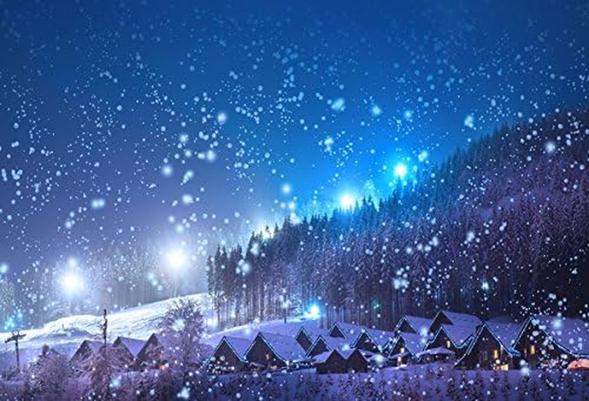Christmas Backdrop Rustic Village Night View Forest Trees Snowing 5X3Ft