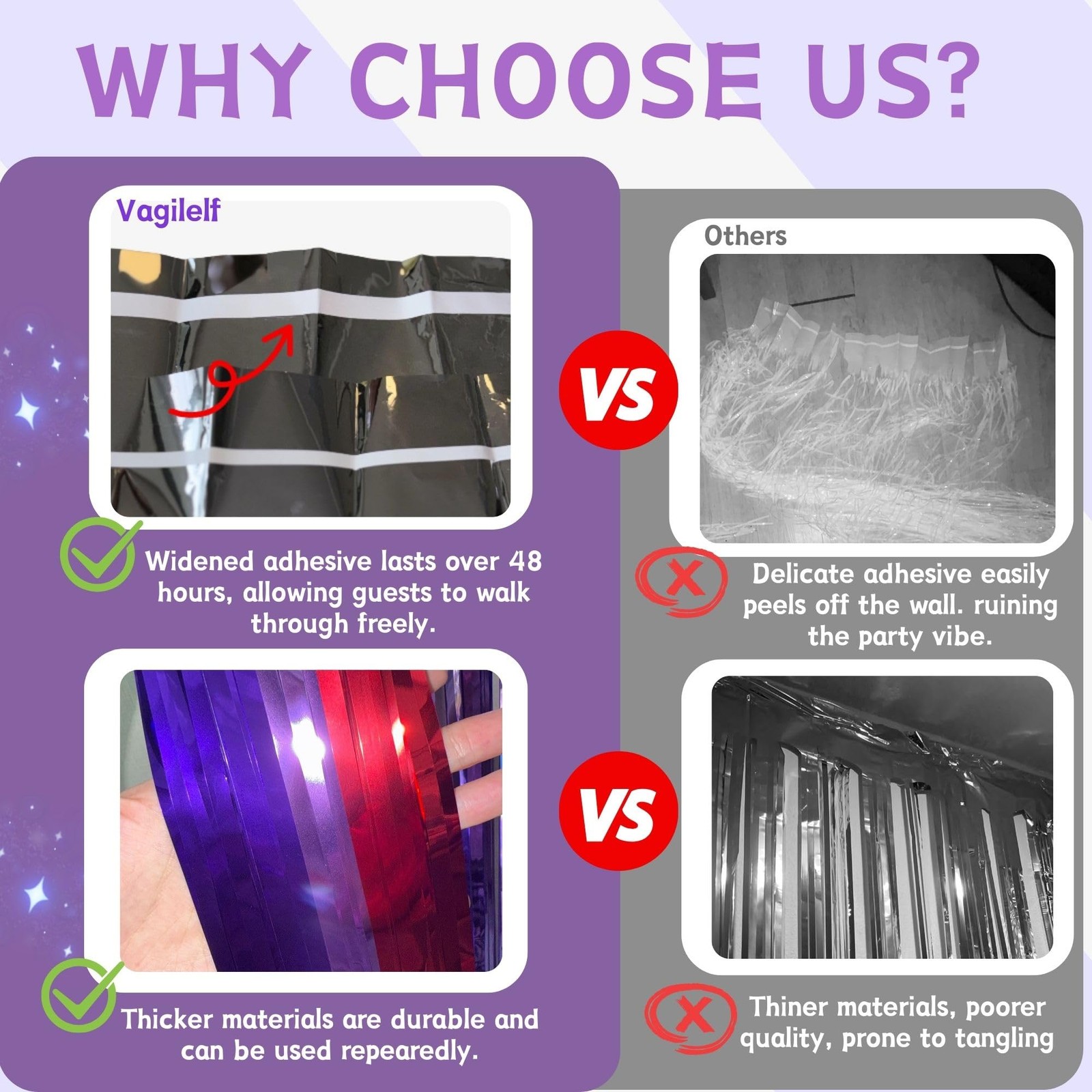 Vagilelf 2 Pack Purple Blue and Red Foil Fringe Curtains for Pink