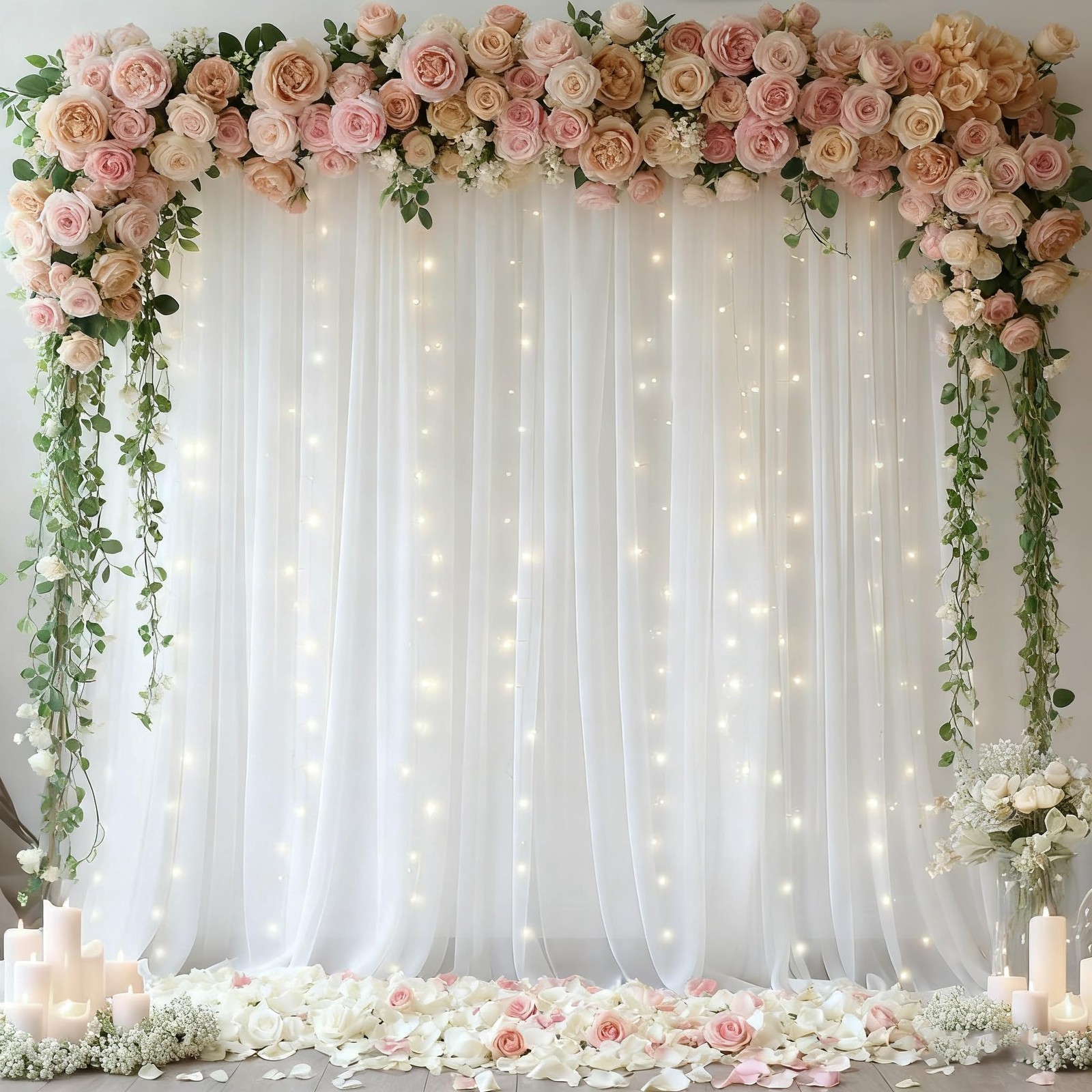 10x10ft White Tulle Backdrop Curtain with Lights String for Parites