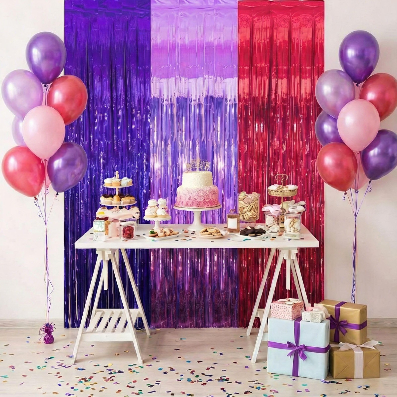 Vagilelf 2 Pack Purple Blue and Red Foil Fringe Curtains for Pink