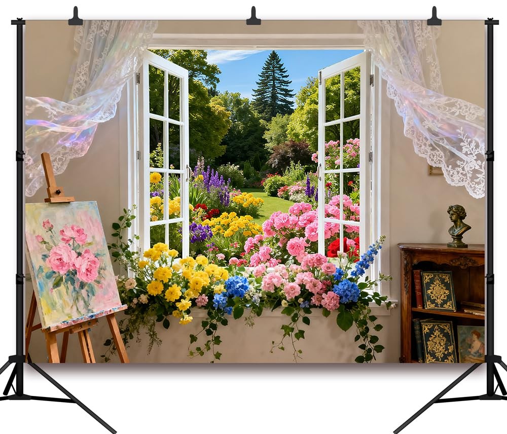 Spring Summer Garden White Window Blooming Flowers Curtain Backdrop 7×5 FT